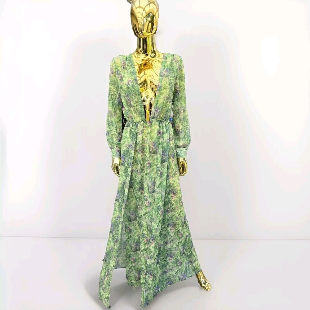 Miss Ord Maxi Cover Up Dress Size S Womans Green Blue Deep V-Neck High Slit